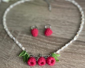 Handmade Velvet Raspberries Polymer Clay Necklace  Earrings