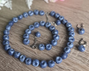 Handgemachte Blaubeere Polymer Clay Halskette Armband Ohrringe