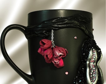 Handmade Polymer Clay Rabbit Mug – Black Ceramic, Crystal Embellished, 340ml