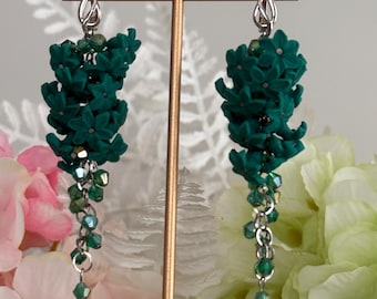 Handmade Hyacinth Flower emerald color Polymer Clay Long chandelier earrings