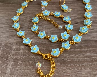 Handgemachte Vergissmeinnicht Polymer Clay Choker Armband Ohrringe Set