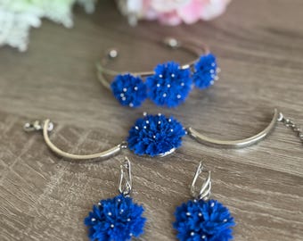 Handmade Polymer Clay  Blue Cornflower flower Bracelet Серьги, Silver Stainless Steel