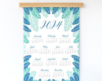 2024 Tea Towel Calendar. Blue Feathers Wall Hanging. Ready to Hang Fabric Wall Art. Calendar Tapestry. Wedding Gift, Anniversary Gift.