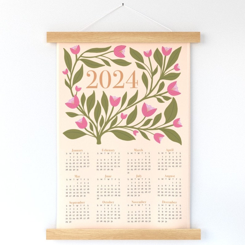 2024 Floral Tea Towel Calendar. Tea Towel Wall Hanging. Ready to Hang Fabric Wall Art. Kitchen Towel Calendar. Wedding Gift Anniversary Gift With Wood Hanger