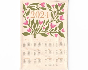 2024 Floral Tea Towel Calendar. Tea Towel Wall Hanging. Ready to Hang Fabric Wall Art. Kitchen Towel Calendar. Wedding Gift Anniversary Gift