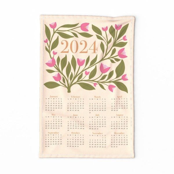 2024 Floral Tea Towel Calendar. Tea Towel Wall Hanging. Ready to Hang Fabric Wall Art. Kitchen Towel Calendar. Wedding Gift Anniversary Gift