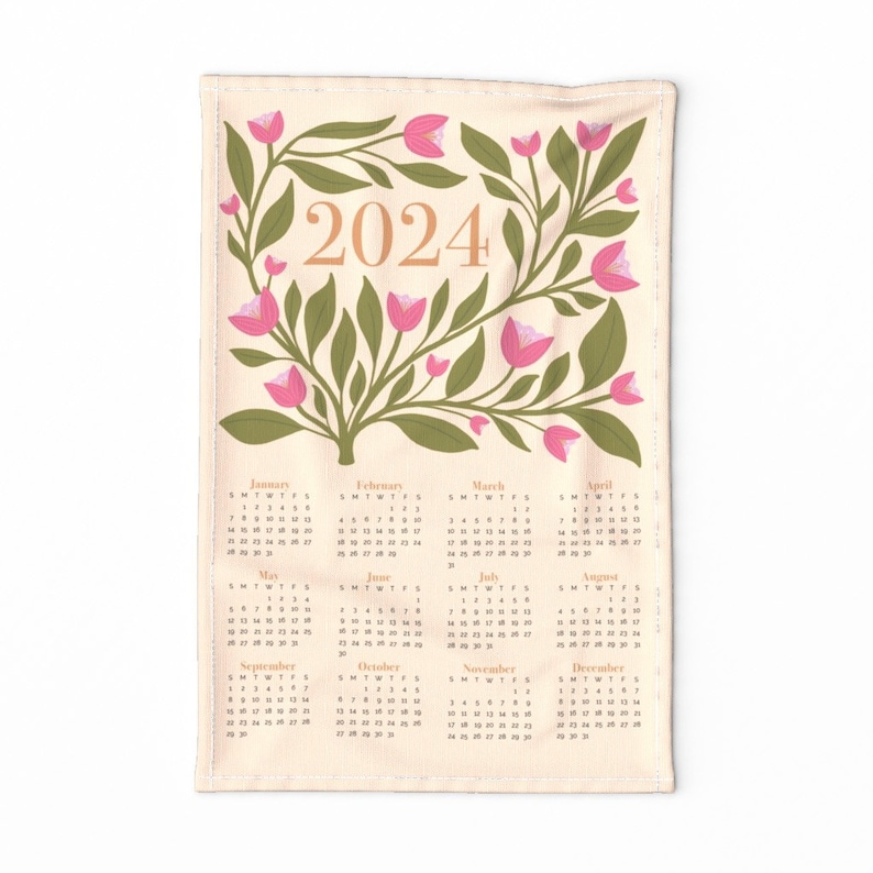 2024 Floral Tea Towel Calendar. Tea Towel Wall Hanging. Ready to Hang Fabric Wall Art. Kitchen Towel Calendar. Wedding Gift Anniversary Gift Tea Towel Only