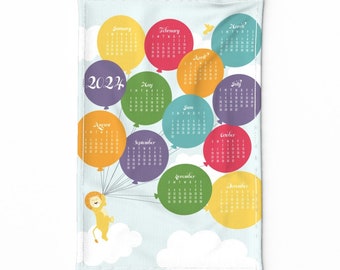 2024 Balloons Tea Towel Calendar. Colorful Wall Hanging. Ready to Hang Fabric Wall Art. Rainbow Calendar Tapestry. New Baby Gift.