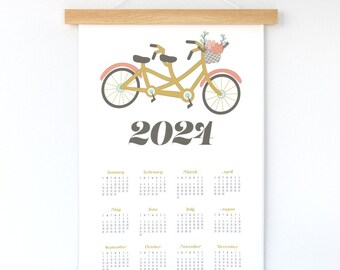 2024 Tandem Bike Tea Towel Calendar. Bike Wall Hanging. Ready to Hang Fabric Wall Art. Kitchen Towel Calendar. Wedding Gift Anniversary Gift