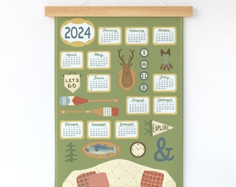 2024 Tea Towel Calendar. Cabincore Gallery Wall Hanging. Lake House Tapestry Art. Whimsical Woodland Cabin Decor. Rustic Mountain Home Gift.