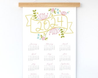 2024 Tea Towel Calendar. Floral Banner Wall Hanging. Ready to Hang Fabric Wall Art. Calendar Tapestry. Wedding Gift, Anniversary Gift.