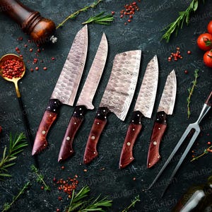 Handcrafted Damascus Steel Chef Set 5-Piece with Leather Cover Perfect Handmade Kitchen BBQ Set Ideal Birthday and Anniversary Gift for Him