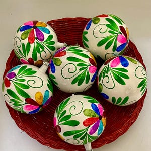 Hand Blown Glass Ornaments: Mexican Otomi Floral Decor, 8pc Set