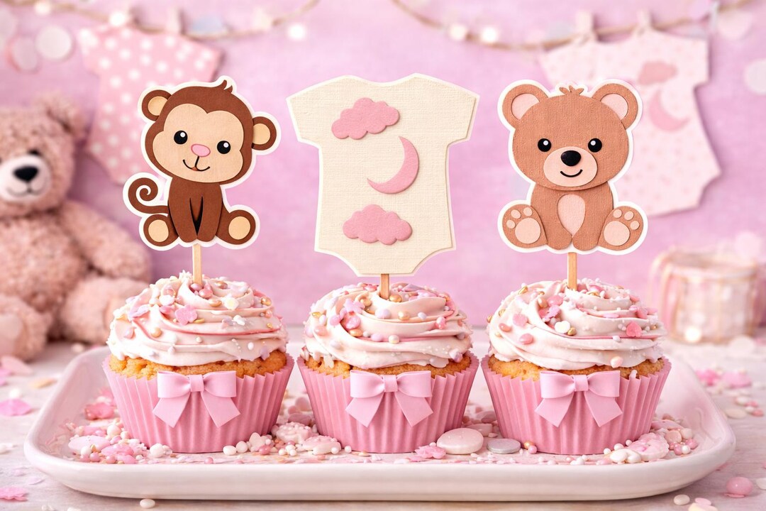 3D Baby Girl Shower Cupcake Toppers, Teddy Bear Monkey Cardstock ...