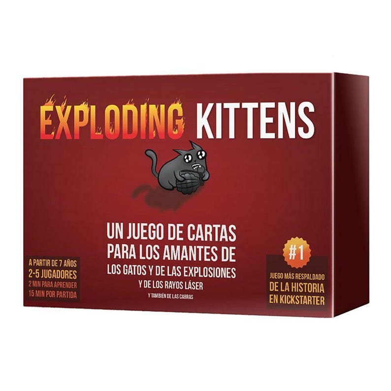 May include: A red box with the words "Exploding Kittens" in white. The box features a cartoon cat holding a bomb. The text on the box reads "A game of cards for lovers of cats, explosions, and laser beams." It also says "#1 Most Backed Game in Kickstarter History."