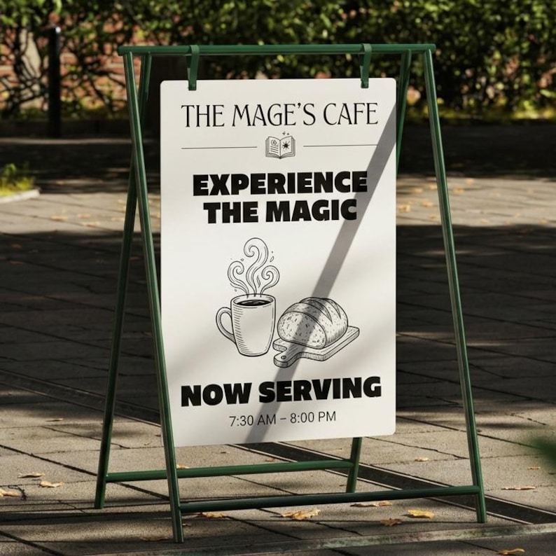 Pu&ograve; includere: Cartello a cavalletto in metallo verde per "The Mage's Cafe". Il cartello bianco presenta testo nero e illustrazioni di una tazza di caff&egrave; e pane. Il testo recita "Experience the Magic" e "Now Serving 7:30 AM - 8:00 PM."