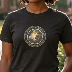 May include: A dark gray t-shirt featuring a circular graphic with the text "Dyson Sphere Engineering Corp Star Harvesting Division." The graphic has a gold and blue design with geometric shapes and a central sphere.