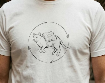 Camiseta con el diseño de la paradoja del gato untado con mantequilla / El movimiento perpetuo resuelto / Divertido regalo de física de gatos / Camiseta con humor científico / Regalo para ella