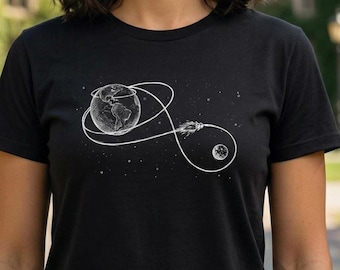 Camiseta con la ruta de vuelo de Artemis II / Regalo de la trayectoria de Orión / Arte lineal de precisión / Fanático de la exploración espacial
