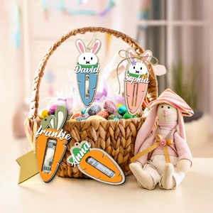 Porta-dinheiro de coelho de Páscoa personalizado, presente de Páscoa para crianças, decoração de cesta de Páscoa, etiquetas de cesta de Páscoa, etiqueta de cenoura, ideia única de presente de Páscoa