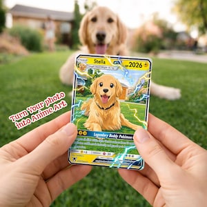 May include: A custom-made trading card featuring a golden retriever illustration. The card reads "Stella" with a length of 64cm and a weight of 16.3 kg. The card also has the text "Turn Your photo into Anime Art."