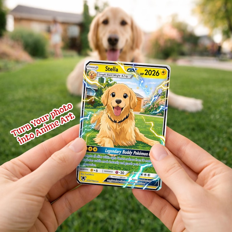 May include: A custom-made trading card featuring a golden retriever illustration. The card reads "Stella" with a length of 64cm and a weight of 16.3 kg. The card also has the text "Turn Your photo into Anime Art."