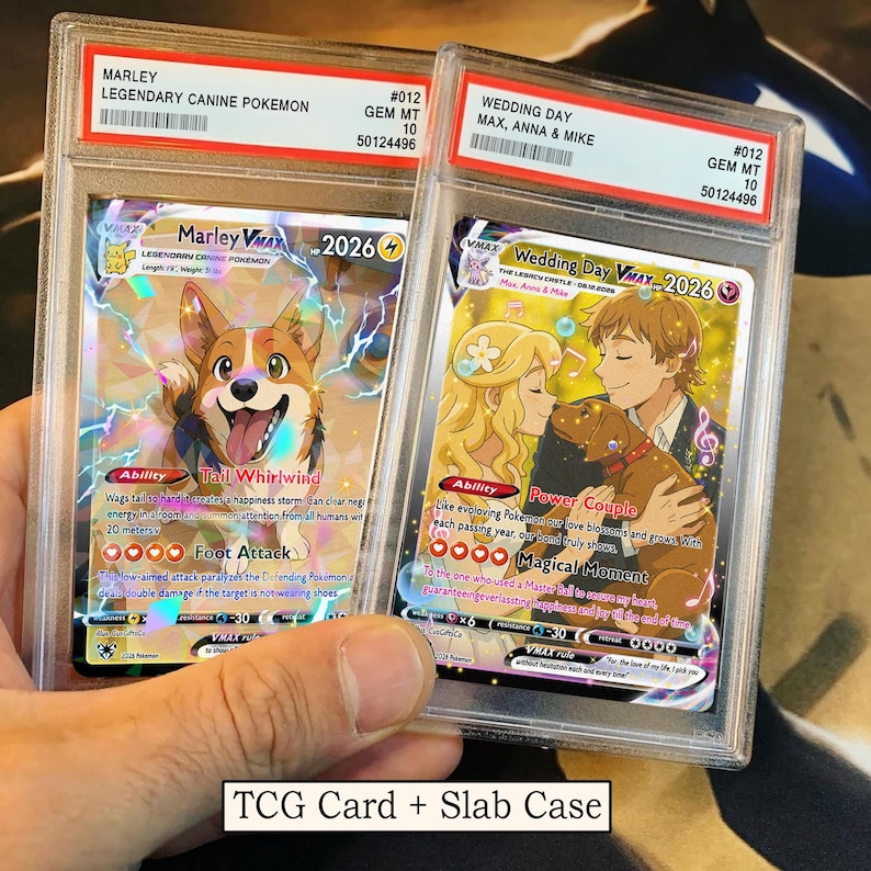 May include: Two graded TCG cards in clear plastic slab cases. The left card features a brown and white Corgi dog labeled Marley VMAX. The right card depicts a wedding scene with a couple and a brown dog labeled Wedding Day VMAX. Both have red labels.