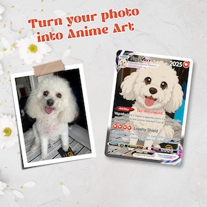 Op de afbeelding: Een afbeelding met een witte Bichon Frise hond naast een op maat gemaakte Pok&eacute;mon kaart. De kaart toont een anime-stijl illustratie van een vergelijkbare hond, getiteld "Faya VMAX". De tekst op de kaart bevat "Tail Whirlwind" en "Loyalty Shield". De tekst "Turn your photo into Anime Art" is ook aanwezig.