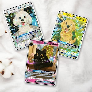 May include: Three collectible trading cards featuring cartoon animals. One card shows a white dog named Rocky, another a golden retriever named Stella, and the third a black cat named Millie. Each card has a GX designation and the year 2026.