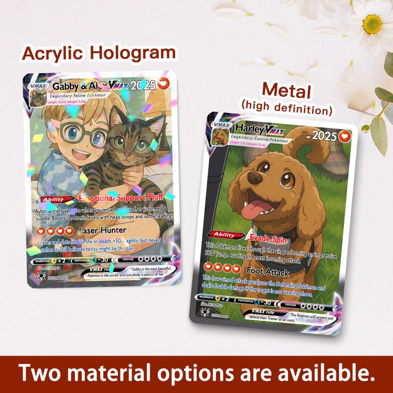 Op de afbeelding: Twee verzamelkaarten, &eacute;&eacute;n acryl hologram en &eacute;&eacute;n metaal, met Pok&eacute;mon-personages. De acrylkaart toont een jongen met een kat, terwijl de metalen kaart een bruine hond afbeeldt. Beide kaarten hebben tekst en afbeeldingen.