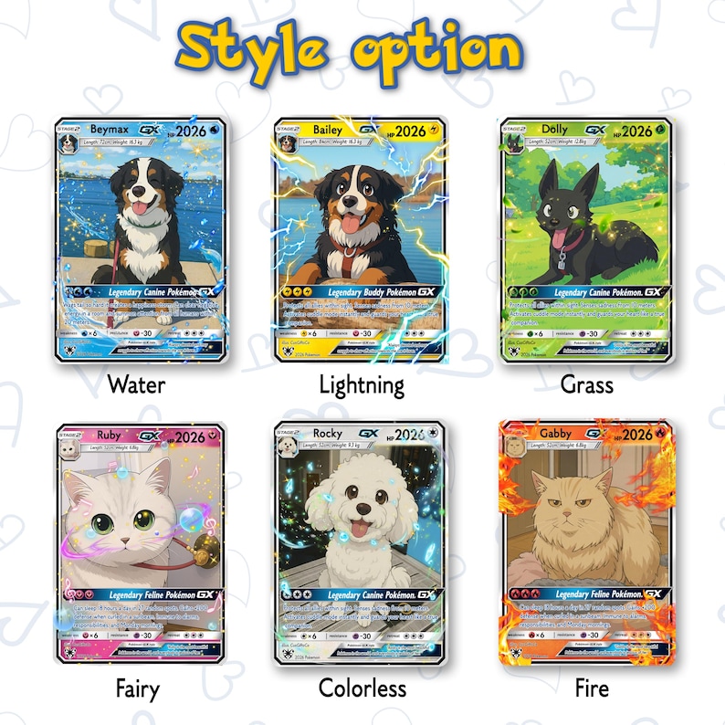 May include: Six trading cards featuring illustrated animals in a Pok&eacute;mon style. The cards include dogs and cats with various elemental themes like Water, Lightning, Grass, Fairy, Colorless, and Fire. The text "Style option" is at the top.