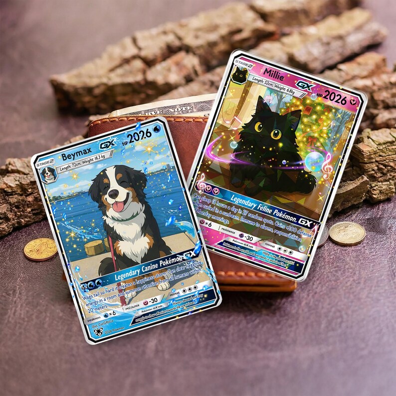 May include: Two collectible Pok&eacute;mon cards featuring a dog and a cat. The dog card is labeled "Beymax GX 2026" and the cat card is labeled "Millie GX 2026". The cards are on a brown surface with a wallet and coins.