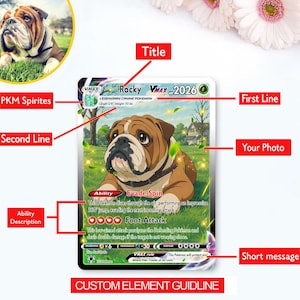 May include: A custom trading card featuring a brown and white bulldog illustration in a grassy field. The card displays the title Rocky, VMAX 2026 HP, and text including Evade Spin, Foot Attack, and VMAX rule. It includes labels for Title, PKM Sprites, First Line, Second Line, Your Photo, Ability Description, and Short message.
