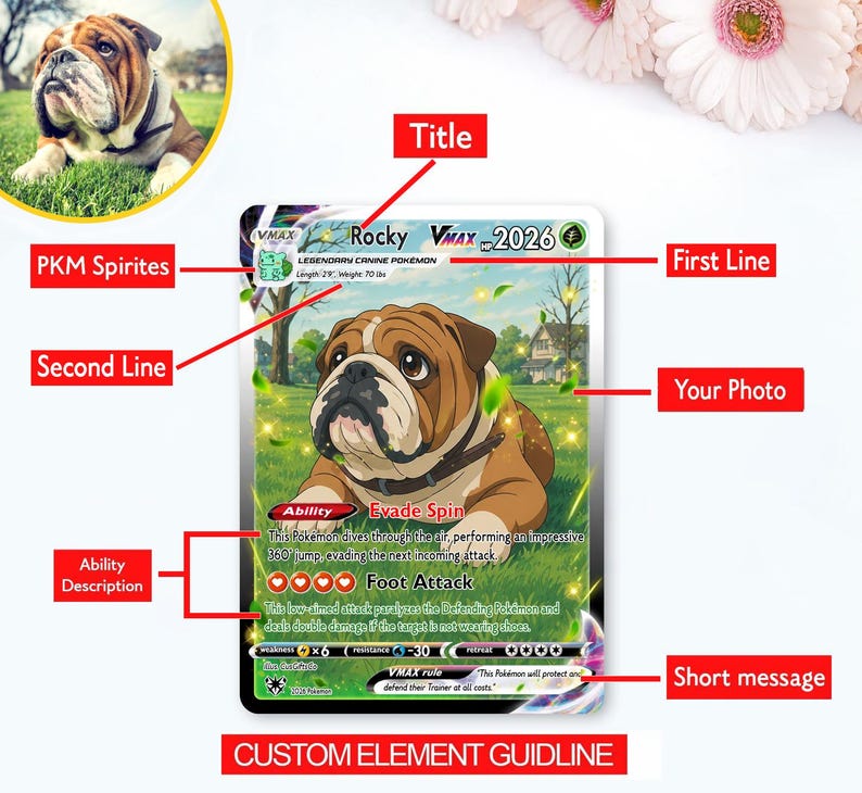 May include: A custom trading card featuring a brown and white bulldog illustration in a grassy field. The card displays the title Rocky, VMAX 2026 HP, and text including Evade Spin, Foot Attack, and VMAX rule. It includes labels for Title, PKM Sprites, First Line, Second Line, Your Photo, Ability Description, and Short message.