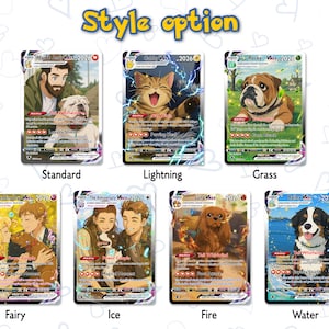 May include: A collection of seven custom trading cards featuring illustrated pets and people in various elemental themes labeled Standard, Lightning, Grass, Fairy, Ice, Fire, and Water. Each card displays unique character names, ability text, and 2026 branding.