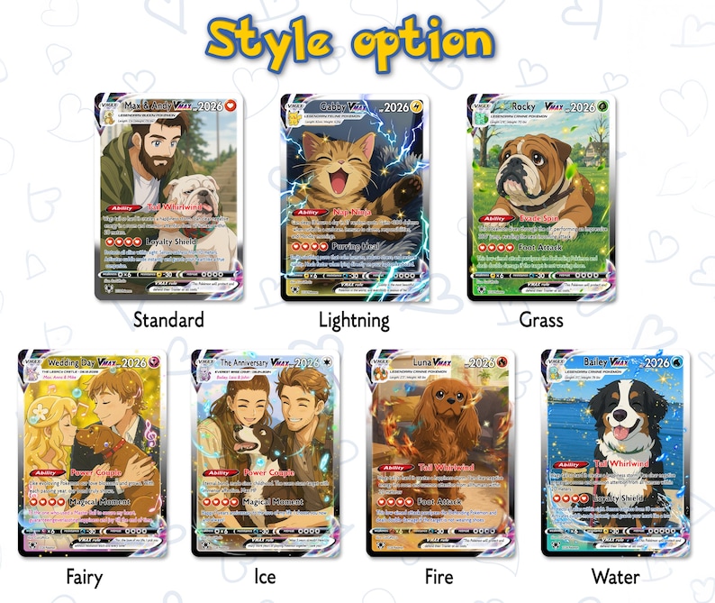 May include: A collection of seven custom trading cards featuring illustrated pets and people in various elemental themes labeled Standard, Lightning, Grass, Fairy, Ice, Fire, and Water. Each card displays unique character names, ability text, and 2026 branding.