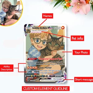 Op de afbeelding: Aangepaste ruilkaart met een jongen met een bril en een tabby kat. De kaart leest "Gabby & Alex VMAX 2025" en bevat de tekst "Emotional Support Fluff" en "Laser Hunter". De kaart heeft ook een korte boodschap.