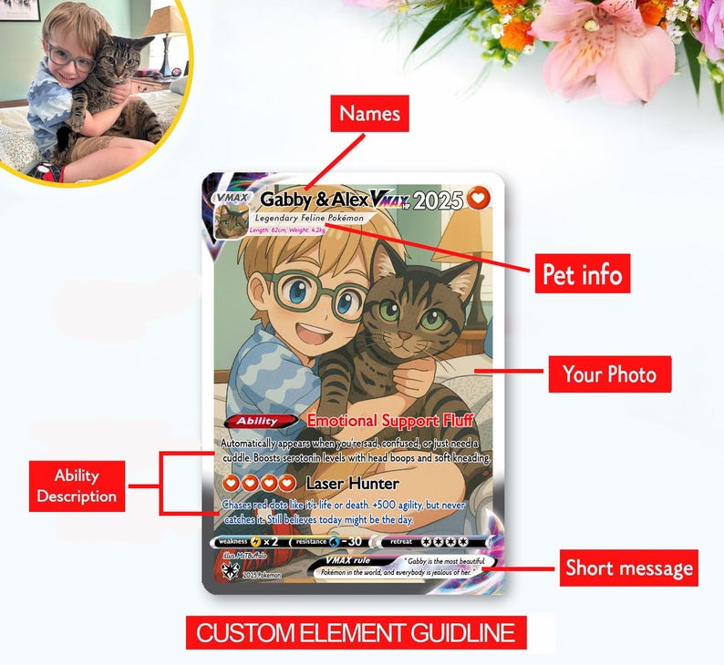 Op de afbeelding: Aangepaste ruilkaart met een jongen met een bril en een tabby kat. De kaart leest "Gabby & Alex VMAX 2025" en bevat de tekst "Emotional Support Fluff" en "Laser Hunter". De kaart heeft ook een korte boodschap.