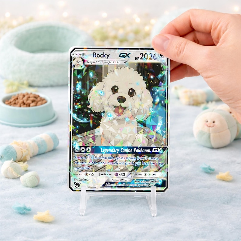 May include: A Pok&eacute;mon trading card featuring "Rocky," a white dog illustration with the text "Legendary Canine Pok&eacute;mon. GX." The card is held in a clear stand, with a light blue background and dog-themed accessories.