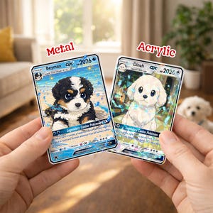 May include: Two trading cards featuring puppy illustrations. One card is labeled "Metal" and depicts a black, white, and brown puppy on a beach. The other card, labeled "Acrylic," shows a white puppy. Both cards have "Legendary Canine Pok&eacute;mon" text.