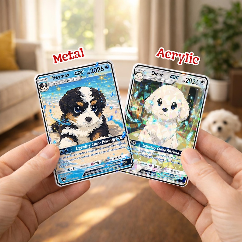 May include: Two trading cards featuring puppy illustrations. One card is labeled "Metal" and depicts a black, white, and brown puppy on a beach. The other card, labeled "Acrylic," shows a white puppy. Both cards have "Legendary Canine Pok&eacute;mon" text.