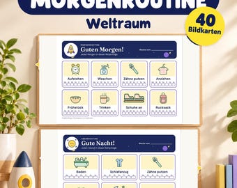 Morgenroutine Kinder Weltraum, Abendroutine, 40 Bildkarten, Routineplan zum Ausdrucken, PDF A4 A3