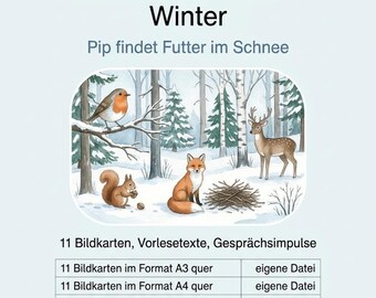 Winter Kita Erzähltheater Bildkarten für Kamishibai, Vorlesegeschichte Rotkehlchen findet Futter im Schnee, A3 und A4, Morgenkreis