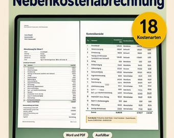 Può includere: Un monitor per computer mostra un documento intitolato Nebenkostenabrechnung, che presenta un dettaglio dei costi con 18 categorie. Lo schermo visualizza due pagine di dati finanziari, un badge circolare giallo e pulsanti con le etichette Word und PDF e Ausfüllbar.