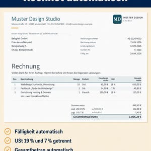 Beispielrechnung mit Positionstabelle, Nettosumme, Umsatzsteuer 19 % und 7 % sowie Gesamtbetrag brutto auf weißem Blatt. Darunter drei Häkchen: Fälligkeit, USt-Sätze und Summen werden automatisch berechnet.