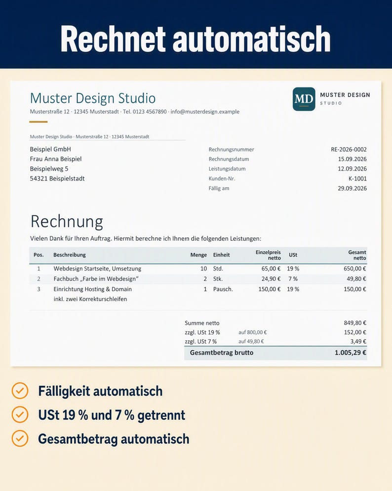 Beispielrechnung mit Positionstabelle, Nettosumme, Umsatzsteuer 19 % und 7 % sowie Gesamtbetrag brutto auf weißem Blatt. Darunter drei Häkchen: Fälligkeit, USt-Sätze und Summen werden automatisch berechnet.