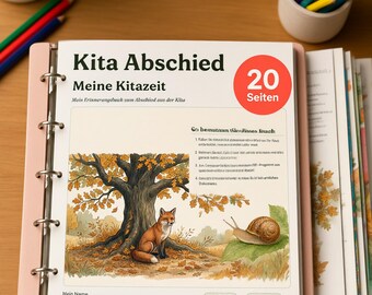 Può includere: Un raccoglitore ad anelli rosa chiaro intitolato Kita Abschied Meine Kitazeit con un cerchio rosso che indica 20 Seiten. La copertina presenta un'illustrazione di una volpe sotto una quercia e una lumaca, con istruzioni testuali ed etichette A4 e A5.