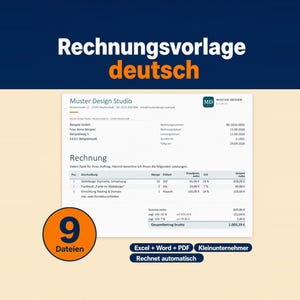 Titelbild: große weiße Überschrift „Rechnungsvorlage deutsch“ auf dunkelblauem Grund, darunter eine Beispielrechnung mit Positionen und Gesamtbetrag. Oranger Kreis mit der Zahl 9 und dem Wort Dateien.