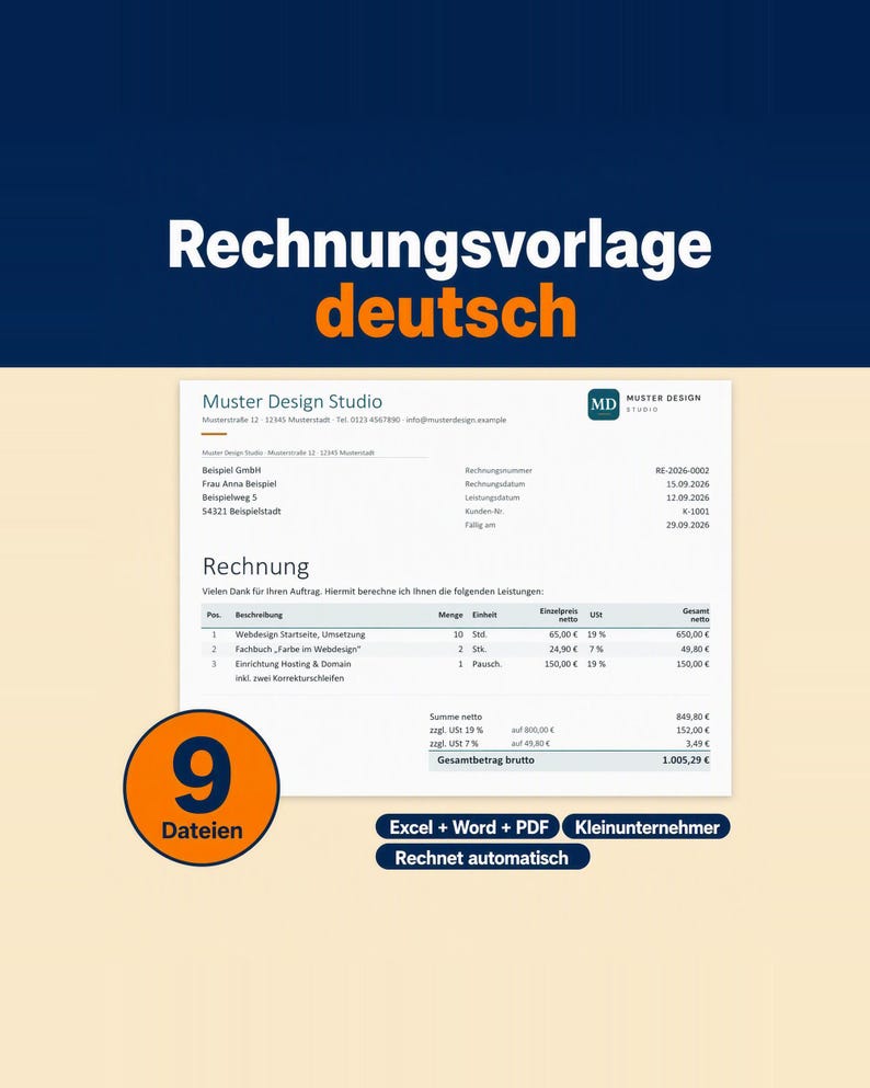Titelbild: große weiße Überschrift „Rechnungsvorlage deutsch“ auf dunkelblauem Grund, darunter eine Beispielrechnung mit Positionen und Gesamtbetrag. Oranger Kreis mit der Zahl 9 und dem Wort Dateien.
