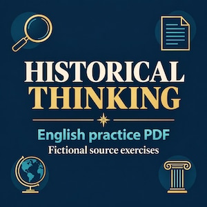 May include: A dark blue educational graphic featuring the text HISTORICAL THINKING, English practice PDF, and Fictional source exercises. Icons include a gold magnifying glass, a document, a globe, and a classical column on a dark blue background.